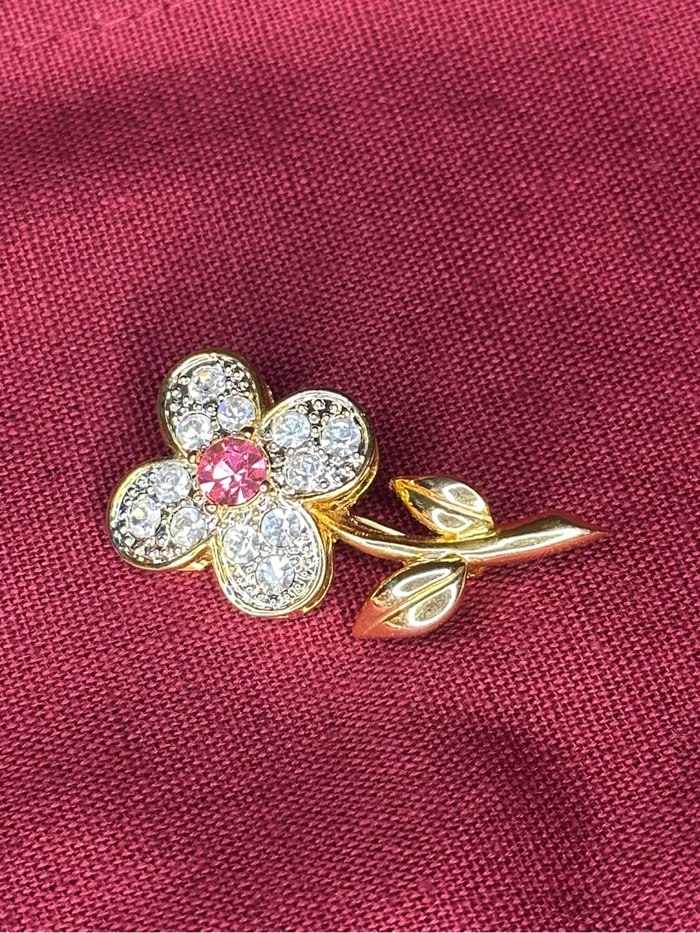 Gold-Tone Floral Crystal Brooch with Pink Center
